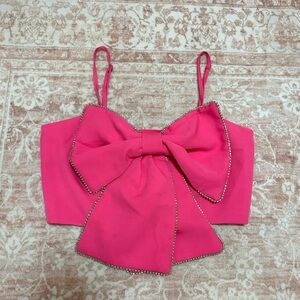 🎀 Pink Bow Crystal Embellished Cropped Top
